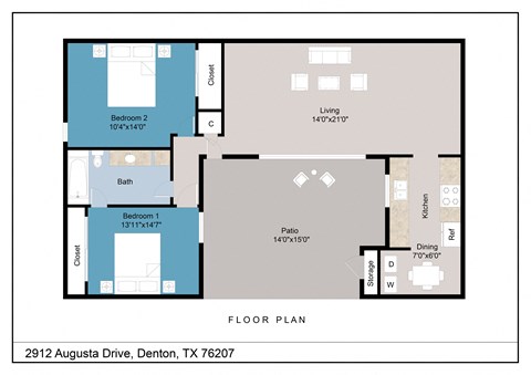 Floor plan for 2 beds, 1 bath, 960 sqft